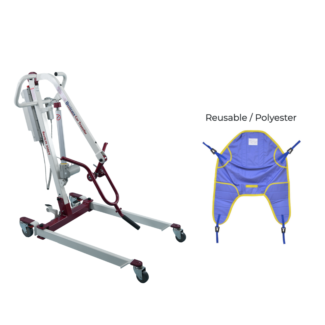 The Bestcare BestLift PL350CT is a folding portable patient lift with a white and red frame, wheels, and a hydraulic system. It features a spreader bar for versatility. Accompanying it is a blue reusable polyester sling with yellow edges and four loops, perfect for easy car transfers.